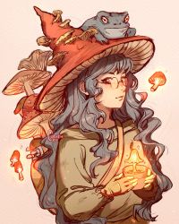 Rule 34 | 1girl, artist name, black hair, clivenzu, familiar, frog, frog on head, glasses, gloves, glowing, hat, highres, holding, long hair, long sleeves, looking at viewer, mushroom, original, smile, solo, wavy hair, witch, witch hat