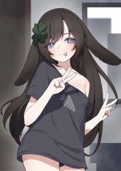Rule 34 | 1girl, :p, animal ears, bags under eyes, black hair, black panties, black shirt, blue eyes, carrot print, clover hair ornament, collarbone, commission, double v, food print, four-leaf clover hair ornament, hair ornament, highres, indie virtual youtuber, kiyomi pyon-pyon, long hair, lop rabbit ears, no pants, panties, rabbit ears, rabbit girl, rabbit tail, shirt, single bare shoulder, solo, tail, tongue, tongue out, underwear, v, valefal coneri, vgen commission, virtual youtuber