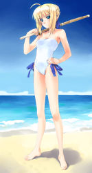 Rule 34 | 00s, 1girl, ahoge, alternate costume, armpits, artoria pendragon (all), artoria pendragon (fate), bare shoulders, barefoot, beach, blonde hair, blue eyes, casual one-piece swimsuit, day, fate/stay night, fate (series), feet, hand on own hip, hip focus, minamino kanata, ocean, one-piece swimsuit, outdoors, saber (fate), shinai, solo, swimsuit, sword, water, weapon