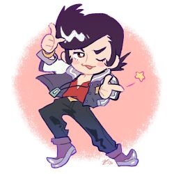 Rule 34 | 1boy, belt, black hair, black pants, blush stickers, bracelet, chibi, commentary, commission, dandy (space dandy), double finger gun, english commentary, eyelashes, finger gun, grey jacket, highres, jacket, jewelry, kitchupsandwich, long sideburns, male focus, name tag, one eye closed, open mouth, pants, pompadour, purple footwear, red shirt, shirt, short hair, sideburns, solo, space dandy, star (symbol), v-neck, white background