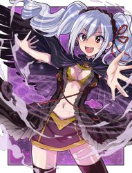 Rule 34 | 10s, 1girl, :d, bad id, bad pixiv id, black hairband, black skirt, black thighhighs, bow, bra, breasts, cape, cleavage, cowboy shot, fang, floating hair, hair bow, hair ribbon, hairband, idolmaster, idolmaster cinderella girls, kanzaki ranko, lolita hairband, long hair, magic circle, medium breasts, midriff, miniskirt, navel, open mouth, outstretched arms, red eyes, red ribbon, ribbon, silver hair, skirt, smile, solo, standing, stomach, thighhighs, tsunnosuke, twintails, underwear