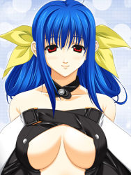 Rule 34 | arc system works, bare shoulders, blue hair, blush, bow, breasts, choker, dizzy (guilty gear), guilty gear, hair bow, large breasts, long hair, lowres, red eyes, smile, solo, underboob