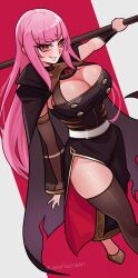 Rule 34 | 1girl, absurdres, black dress, blush, breasts, cleavage, contrapposto, detached sleeves, dress, foreshortening, highres, holding, holding scythe, hololive, hololive english, jake pascoe, jewelry, large breasts, long hair, looking at viewer, mori calliope, mori calliope (1st costume), multicolored hair, multiple girls, perspective, pink eyes, pink hair, red eyes, scythe, shoulder spikes, single detached sleeve, smile, solo, spiked cape, spikes, twitter username, virtual youtuber