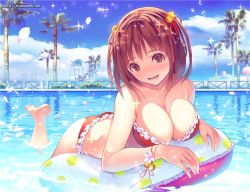 Rule 34 | 1girl, :d, bare shoulders, barefoot, bikini, breasts, brown eyes, brown hair, cleavage, female focus, innertube, large breasts, looking at viewer, mana kakkowarai, open mouth, original, outdoors, palm tree, partially submerged, petals, pool, short hair, smile, solo, sparkle, swim ring, swimsuit, tree, water