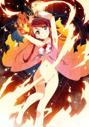 Rule 34 | 10s, 1girl, absurdres, armpits, arms up, bare legs, bare shoulders, barefoot, bottomless, censored, convenient censoring, fire, gauntlets, groin, highres, kantoku, long hair, magical suite prism nana, navel, no panties, red eyes, red hair, scan, solo, thigh gap, washioka itaru
