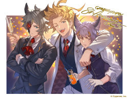 Rule 34 | 3boys, anniversary, arm around neck, ascot, black hair, black jacket, black pants, black vest, blonde hair, blouse, champagne flute, closed mouth, coat, collared shirt, company name, contemporary, copyright name, crossed arms, cup, drinking glass, drinking straw, erune, feower (granblue fantasy), gloves, granblue fantasy, green eyes, grimace, hair ornament, half mask, highres, holding, holding cup, jacket, long sleeves, looking at viewer, male focus, mask, mole, mole under eye, multiple boys, official art, one eye closed, open clothes, open coat, open mouth, pants, purple hair, purple vest, red ascot, seofon (granblue fantasy), seox (granblue fantasy), shirt, short hair, sleeves rolled up, smile, upper body, v-shaped eyebrows, vest, white coat, white gloves, white legwear, white shirt