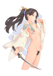 Rule 34 | 1girl, bigrbear, black hair, blue eyes, bracelet, breast tattoo, breasts, closed mouth, cowboy shot, cropped legs, dragon tattoo, excessive pubic hair, female pubic hair, highres, holding, holding sword, holding weapon, jewelry, katana, long hair, medium breasts, navel, nipples, nude, original, ponytail, pubic hair, pussy, simple background, solo, sword, tattoo, weapon, white background