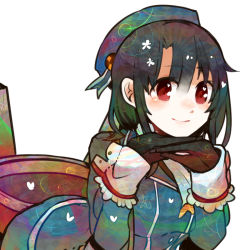 Rule 34 | 10s, 1girl, black gloves, blush, gloves, hat, itomugi-kun, jacket, kantai collection, long sleeves, looking at viewer, military jacket, own hands clasped, own hands together, personification, red eyes, short hair, solo, symbol-shaped pupils, takao (kancolle), white background
