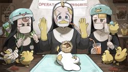 Rule 34 | 3girls, ^ ^, arrow (symbol), bandages, bandaid, bangs pinned back, banner, bendy straw, bird, chestnut, closed eyes, clumsy nun (diva), cup, diva (hyxpk), doll, drinking glass, drinking straw, duck, duckling, frog, frog hat, froggy nun (diva), gloves, habit, highres, holding, holding tongs, juice, little nuns (diva), mask, motion blur, mouth mask, multiple girls, nun, orange juice, poster (object), rubber gloves, shower cap, spicy nun (diva), stethoscope, surgical mask, tongs, traditional nun