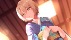 Rule 34 | 1girl, blue kimono, blurry, blurry background, breasts, brown hair, character request, commentary request, copyright request, dutch angle, etyaduke, floral print, hair between eyes, holding, japanese clothes, kimono, looking at viewer, orange sash, sash, short hair, small breasts, solo, yellow eyes, yukata