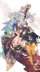 Rule 34 | 3girls, absurdres, ankle strap, black footwear, black hair, black headwear, black shirt, blue ribbon, breasts, dagger, detached sleeves, dress, feathered wings, floating, green hair, grey eyes, hat, highres, knife, looking at viewer, medium breasts, multiple girls, onacia, open mouth, orange eyes, original, oversized object, red eyes, red wings, ribbon, shirt, shoes, unworn shoes, short sleeves, single shoe, thigh strap, weapon, white background, white dress, white footwear, white hair, white wings, wings, yellow leggings