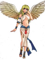 Rule 34 | 1girl, blonde hair, blue eyes, breasts, breath of fire, breath of fire 6, drawfag, full body, highres, large breasts, legs, long hair, midriff, navel, nina (breath of fire 6), solo, toes, underboob, white background, wings