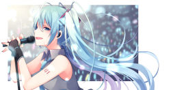 Rule 34 | 1girl, :d, bare shoulders, black gloves, blue eyes, blue hair, blue necktie, blurry, blurry background, blush, breasts, collared shirt, commentary, depth of field, fingerless gloves, floating hair, gloves, green nails, grey shirt, hair between eyes, hair ornament, hatsune miku, kuroi (liar-player), long hair, nail polish, necktie, open mouth, shirt, sleeveless, sleeveless shirt, small breasts, smile, solo, symbol-only commentary, twintails, upper body, very long hair, vocaloid