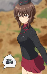 Rule 34 | 1girl, ada badguy, blush, breasts, brown eyes, brown hair, closed mouth, girls und panzer, hat, highres, kuromorimine military uniform, looking at viewer, medium breasts, military, military uniform, miniskirt, nishizumi maho, outdoors, pleated skirt, red skirt, shiny skin, short hair, skirt, solo, standing, uniform