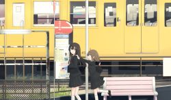 Rule 34 | 2girls, ahoge, bag, black hair, brown eyes, brown hair, bus stop, chain-link fence, commentary, female focus, fence, flat color, hair ornament, hairclip, hand on another&#039;s shoulder, highres, hinami047, long hair, looking back, multiple girls, nature, open mouth, original, outdoors, plant, real world location, scenery, school bag, school uniform, short hair, sign, skirt, smile, train, uniform, walking