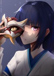 Rule 34 | 1girl, absurdres, artist name, black hair, blunt bangs, dark background, genshin impact, highres, holding, holding mask, japanese clothes, kimono, looking at viewer, mask, miko, one eye covered, parted lips, purple eyes, short hair, slit pupils, snake mask, solo, the atko, tsumi (genshin impact), white kimono