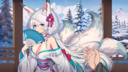 Rule 34 | 1girl, animal ear fluff, animal ears, breasts, bride, cleavage, clover theater, colored inner hair, folding fan, forest, fox ears, fox girl, fox tail, green hair, hand fan, highres, holding, holding fan, japanese clothes, katsuya (clover theater), kimono, kitsune, kyuubi, large breasts, long hair, looking at viewer, mole, mole on neck, mountain, multicolored hair, multiple tails, nairobi song, nature, pov, shiromuku, smile, snow, solo focus, tail, tree, uchikake, white hair, white kimono, white tail
