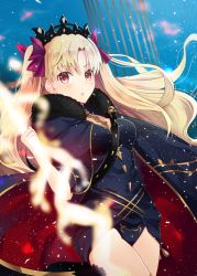 Rule 34 | 1girl, :o, between breasts, black cape, blonde hair, blush, breasts, buckle, cape, commentary request, ereshkigal (fate), fate/grand order, fate (series), fur-trimmed cape, fur trim, glowing, glowing weapon, hair ribbon, holding, holding weapon, jewelry, light particles, long hair, looking at viewer, meet (105r), multicolored cape, multicolored clothes, necklace, parted bangs, red cape, red eyes, red ribbon, ribbon, skull, solo, spine, thighs, tiara, tohsaka rin, two side up, weapon