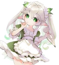 Rule 34 | 1girl, alternate costume, apron, commentary request, cross-shaped pupils, dress, enmaided, finger in own mouth, frilled apron, frills, genshin impact, gradient hair, green dress, green eyes, green hair, grey hair, hair between eyes, highres, long hair, maid, maid apron, maid headdress, multicolored hair, nahida (genshin impact), pointy ears, puffy short sleeves, puffy sleeves, short sleeves, solo, streaked hair, symbol-shaped pupils, toro astro, twintails, white apron