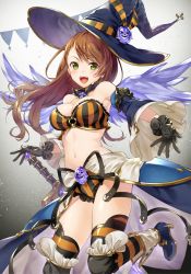 Rule 34 | &gt;:d, 10s, 1girl, :d, alternate costume, armor, asymmetrical bangs, bare shoulders, beatrix (granblue fantasy), black gloves, blush, boots, bra, breasts, brown hair, cleavage, commentary, detached collar, detached sleeves, floating hair, gloves, granblue fantasy, green eyes, halloween, halloween costume, hat, high heel boots, high heels, highres, hip focus, holding, holding sword, holding weapon, large breasts, long hair, looking at viewer, midriff, navel, open mouth, outstretched arm, shorts, smile, solo, striped bra, striped clothes, striped shorts, striped thighhighs, sword, teeth, thighhighs, thighs, tokki, underwear, v-shaped eyebrows, vertical-striped bra, vertical-striped clothes, vertical-striped shorts, wavy hair, weapon, wings, witch hat