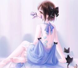 Rule 34 | 1girl, amaroku neko, arm support, back, back tattoo, backless dress, backless outfit, barefoot, bed sheet, bell, black bow, black cat, blue bow, blue dress, blue ribbon, blurry, blurry background, bow, brown eyes, brown hair, cat, character request, commentary, copyright request, crossed legs, dress, eyelashes, feet, flower, frilled dress, frills, from behind, highres, leg tattoo, legs, looking back, medium hair, mouth hold, neck ribbon, ribbon, rose, shadow, shiny skin, short dress, sidelocks, sitting, soles, solo, stuffed toy, symbol-only commentary, tattoo, toes