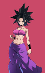 1girl baggy_pants black_eyes black_hair breasts caulifla cleavage clenched_hands dragon_ball dragon_ball_super highres large_breasts leeloo_dallas navel pants pink_background pink_tube_top purple_pants solo spiked_hair strapless teeth tube_top