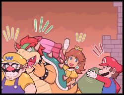 Rule 34 | 2girls, 3boys, ayyk92, bowser, brown hair, castle, closed eyes, crown, earrings, facial hair, fat, fat man, flower earrings, gloves, grin, hat, jewelry, kidnapped, looking at another, mario, mario (series), multiple boys, multiple girls, mustache, nintendo, open mouth, over shoulder, overalls, princess daisy, princess peach, red eyes, red hair, smile, spikes, wario, waving