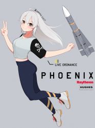 Rule 34 | 1girl, ahoge, aim-54 phoenix, air-to-air missile, air-to-surface missile, artist name, atamonica, beyond-visual-range missile, blush, denim, highres, jeans, long hair, looking at viewer, military, missile, original, pants, shoes, silver hair, smile, sneakers, v, weapon