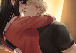 Rule 34 | 1boy, 1girl, bare shoulders, black hair, blonde hair, blush, breasts, earrings, eye contact, height difference, hetero, highres, holding, hug, husband and wife, jewelry, large breasts, lifting person, long hair, looking at another, open mouth, red sweater, short hair, sidelocks, spy x family, sweater, twilight (spy x family), two-sided fabric, udonoharu, yor briar