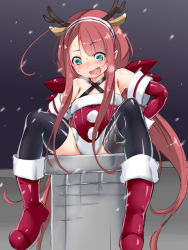 Rule 34 | 10s, 1girl, :d, antlers, bare shoulders, black thighhighs, blush, criss-cross halter, elbow gloves, fang, gloves, halterneck, halterneck, horns, kantai collection, kawakaze (kancolle), long hair, maron (kagamikunn), night, nose blush, open mouth, red hair, reindeer antlers, ribbon, santa costume, sitting, smile, snowing, solo, stuck, thighhighs, very long hair