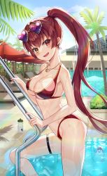 Rule 34 | 1girl, bikini, bloop (gawr gura), breasts, from side, halterneck, heart, heart necklace, heterochromia, high ponytail, highres, hololive, hololive english, houshou marine, houshou marine (summer), jewelry, large breasts, long hair, necklace, outdoors, pine (angel4195202), ponytail, pool, red bikini, red eyes, red hair, solo, standing, string bikini, swimsuit, thigh strap, thighs, very long hair, virtual youtuber, wet, yellow eyes