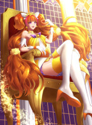 Rule 34 | 1girl, amanogawa kirara, blunt bangs, boots, chair, cure twinkle, dress, gloves, high heel boots, high heels, highres, long hair, magical giro, orange hair, purple eyes, shoe soles, sitting, smile, solo, thigh boots, thighhighs, throne, twintails, white thighhighs