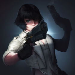 Rule 34 | 1girl, alexander terentyev, black hair, blue eyes, breasts, commentary request, devil may cry (series), devil may cry 5, gloves, gun, heterochromia, lady (devil may cry), red eyes, short hair, smoke, smoking gun, solo, thigh strap, weapon