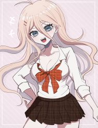 Rule 34 | 1girl, antenna hair, bow, bowtie, breasts, brown bow, brown bowtie, brown skirt, cleavage, collarbone, collared shirt, danganronpa (series), danganronpa v3: killing harmony, grey background, hair between eyes, hair ornament, hairclip, hand on own hip, iruma miu, large breasts, long hair, medium breasts, mikao (eanv5385), official alternate costume, open mouth, plaid, plaid skirt, pleated skirt, shirt, shirt tucked in, skirt, solo, striped, striped background, teeth, upper teeth only, white shirt