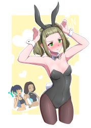 Rule 34 | 3girls, absurdres, animal ears, armpits, arms up, black pantyhose, blue hair, blush, bow, bowtie, breasts, brown hair, cleavage, crop top, cropped legs, cropped torso, dark-skinned female, dark skin, detached collar, fake animal ears, fake tail, fiery hair, ghondor (xenoblade), green eyes, hair pulled back, highres, kamidan, leotard, multiple girls, navel, pantyhose, playboy bunny, rabbit ears, rabbit pose, rabbit tail, resolution mismatch, sena (xenoblade), shania (xenoblade), side ponytail, small breasts, smile, source smaller, stomach, strapless, strapless leotard, tail, thigh gap, twintails, vest, wrist cuffs, xenoblade chronicles (series), xenoblade chronicles 3