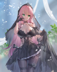Rule 34 | 1girl, absurdres, bare shoulders, black dress, black gloves, black pantyhose, breasts, cleavage, dress, gloves, green eyes, highres, large breasts, long hair, looking at viewer, original, pantyhose, parted lips, pink hair, swd3e2, thigh strap, thighs