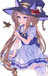 Rule 34 | 1girl, animal ear headwear, animal ears, arm support, bird, bow, brown hair, commentary request, fake animal ears, frilled skirt, frills, hair rings, hat, hat bow, highres, index finger raised, invisible chair, long hair, pleated skirt, puffy short sleeves, puffy sleeves, purple hat, purple shirt, sailor collar, school uniform, shadow, shirt, short sleeves, simple background, sitting, skirt, smile, solo, sparkle, split mouth, sweep tosho (umamusume), thighhighs, tracen school uniform, twintails, umamusume, v-shaped eyebrows, very long hair, white background, white thighhighs, witch hat, yoshida (ne)
