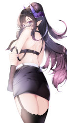 Rule 34 | 1921494015, 1girl, absurdres, black bra, black hair, black skirt, black thighhighs, bra, breasts, commentary, commentary request, cowboy shot, from behind, garter straps, glasses, highres, horns, large breasts, long hair, looking at viewer, looking back, original, pointy ears, ponytail, purple eyes, simple background, skirt, solo, thighhighs, thighs, underwear, white background