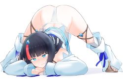 Rule 34 | 1girl, arm rest, ass, bare shoulders, black hair, blue eyes, blue ribbon, blush, breasts, commission, detached leggings, dress, fate/grand order, fate/requiem, fate (series), flexible, fundoshi, hands on ground, jack-o&#039; challenge, japanese clothes, large breasts, legs, legs apart, long sleeves, looking at viewer, magatama, magatama hair ornament, medium hair, multicolored hair, pink hair, puffy long sleeves, puffy sleeves, ribbon, sandals, seigaiha, short dress, sideless outfit, skeb commission, solo, spread legs, streaked hair, stretching, thigh strap, top-down bottom-up, utsumi erice, white dress, white legwear, wide spread legs, yoosai