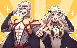 Rule 34 | 1girl, abs, absurdres, ahoge, blonde hair, breasts, circlet, cleavage, covered navel, father and daughter, fire emblem, fire emblem fates, grey eyes, highres, long hair, medium breasts, nintendo, odin (fire emblem), oneirio, open mouth, ophelia (fire emblem), pectorals