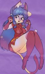 Rule 34 | 1girl, animal ears, bell, bow, breasts, cat, cat ears, china dress, chinese clothes, claws, dress, furry, hair bell, hair bow, hair ornament, happy, idkuroi, jingle bell, long hair, looking at viewer, open mouth, purple background, purple eyes, purple hair, ranma 1/2, shampoo (ranma 1/2), shoes, sitting, thighs, very long hair, wide hips
