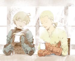 Rule 34 | 2boys, :d, ahoge, armor, blonde hair, cofffee, cup, final fantasy, final fantasy tactics, gloves, holding, holding cup, male focus, multiple boys, mustadio bunansa, open mouth, ramza beoulve, smile