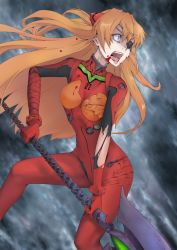 Rule 34 | &gt;:o, 10s, 1girl, :o, angry, blood, blood on clothes, blood on face, blue eyes, bodysuit, bracer, constricted pupils, dutch angle, evangelion: 3.0 you can (not) redo, eyepatch, fighting stance, floating hair, gem, gloves, hair between eyes, hair ornament, headgear, holding, holding weapon, leaning forward, legs apart, long hair, looking to the side, neon genesis evangelion, open mouth, orange hair, parted bangs, pilot suit, plugsuit, polearm, rebuild of evangelion, red hair, solo, souryuu asuka langley, spear, standing, tape, torn bodysuit, torn clothes, tsurana, turtleneck, two side up, v-shaped eyebrows, very long hair, weapon