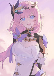Rule 34 | 1girl, absurdres, arms behind back, blue eyes, breasts, elbow gloves, elysia (honkai impact), elysia (miss pink elf) (honkai impact), gloves, hair ornament, highres, honkai (series), honkai impact 3rd, large breasts, long hair, looking at viewer, open mouth, pink hair, pink pupils, pointy ears, remy5621, shirt, shrug (clothing), smile, solo, upper body, white shirt