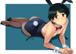 Rule 34 | 1girl, alternate costume, animal ears, artist name, bad id, bad pixiv id, black footwear, black hair, black leotard, black pantyhose, blue background, bow, bowtie, breasts, brown eyes, detached collar, downblouse, fake animal ears, full body, high heels, kantai collection, leotard, lying, makio (makiomeigenbot), mogami (kancolle), on stomach, pantyhose, playboy bunny, rabbit ears, rabbit tail, red bow, red bowtie, short hair, small breasts, solo, strapless, strapless leotard, swept bangs, tail, wrist cuffs