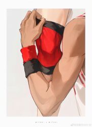 Rule 34 | 2boys, absurdres, armband, basketball uniform, black wristband, border, character name, commentary request, dark-skinned male, dark skin, fingernails, grey background, hand focus, hand on another&#039;s arm, highres, implied yaoi, kami off record, male focus, mitsui hisashi, miyagi ryouta, multiple boys, muscular, muscular male, red armband, red wristband, slam dunk (series), sportswear, tank top, watermark, weibo logo, weibo watermark, white border, white tank top