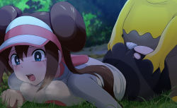 Rule 34 | 1girl, ass, ass grab, black pantyhose, blue eyes, blush, breast press, breasts, brown hair, clothed sex, clothing aside, creatures (company), crying, crying with eyes open, double bun, drowzee, game freak, gen 1 pokemon, grabbing, grass, hair bun, hat, highres, lying, masu 193, medium breasts, night, nintendo, on grass, on stomach, open mouth, outdoors, panties, panties aside, panty peek, pantyhose, pokemon, pokemon (creature), pokemon bw2, rape, rosa (pokemon), saliva, see-through, sex, shirt, solo focus, tears, tongue, torn clothes, torn legwear, twintails, underwear, visor cap, white panties
