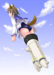 Rule 34 | 00s, 1girl, animal ears, ass, brown hair, cloud, day, dog ears, flying, miyafuji yoshika, sky, smile, solo, strike witches, striker unit, swimsuit under clothes, tail, toshifumi, world witches series