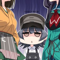 Rule 34 | 3girls, arare (kancolle), artist name, black hair, breast envy, brown eyes, commentary request, dress, gloom (expression), hat, head out of frame, hiryuu (kancolle), inaba shiki, kantai collection, long hair, long sleeves, multiple girls, one-hour drawing challenge, pinafore dress, remodel (kantai collection), ryuuhou (kancolle), shaded face, shirt, short hair, sleeveless dress, taigei (kancolle), triangle mouth, white shirt