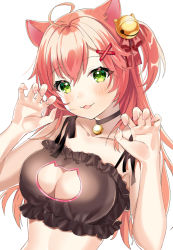Rule 34 | 1girl, ahoge, alternate costume, animal ears, bell, blush, breasts, cat ears, cat lingerie, cleavage, cleavage cutout, clothing cutout, collar, collarbone, commentary request, green eyes, hair bell, hair between eyes, hair ornament, hairclip, hololive, long hair, looking at viewer, medium breasts, meme attire, motsunuki, neck bell, open mouth, paw pose, pink hair, sakura miko, solo, upper body, virtual youtuber, white background